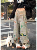 Cinessd Women's Baggy Y2k Plaid Pants Streetwear Graphic Print Pants Vintage Harajuku High Waist Wide Leg Trousers Fashion Clothes 2024