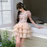 Summer Sweet Lolita Party Mini Dress Women Kawaii Lace Bow Ruffles Flowe Fairy Dresses Female Korean High Waist Princess Dresses