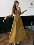 Cinessd Christmas Gfit Outfit Women's Elegant Pleated Knitted Dress with Ribbon Autumn Long Sleeve V-Neck Slim Party Vestidos Korean Female Evening Dresses