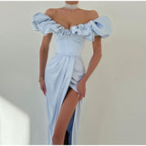 Cinessd - One-Shoulder Puff Sleeve Wrap Chest Slit Long Dress