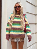 Cinessd Mohair Striped Elegant Sweater Women Oversize Long Sleeve Contrast Color O-neck Pullover Female Jumper 2024 Autumn Colorful Tops