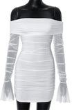 Cinessd Off-Shoulder Pleated Mini Dress with See-Through Long Sleeves