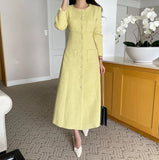 Cinessd Elegant Chic Autumn Winter Yellow Tweed Long Dress High Quality Women Round Collar Fours Pockets Woolen Slim Office Maxi Vestido