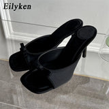 Cinessd Eilyken Summer Fashion Butterfly-knot Satin Women Slipper Slip On Ladies Sandal Thin High Heel Outdoor Dress Slides Shoes