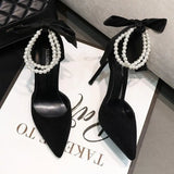 Cinessd Black Women's Pumps 2024 Summer New Brand Design String Bead Pearls Wedding Bridal High Heels Sexy Pointed Toe Party Dance Shoes