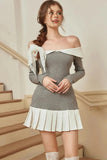 Cinessd Pleated Patchwork Off-Shoulder Mini Dress with Long Sleeves