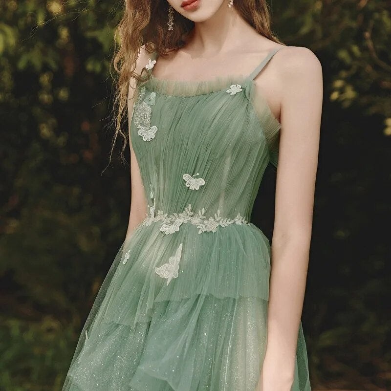 Cinessd -3D Butterfly Prom Dresses Green Tulle Skirt Spaghetti Straps Sweetheart Long Evening Gown 2023 Slim Waist Vestidos De Noche