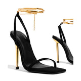 Cinessd 2024 Women Heels Sexy Gold Padlock High Heels Sandals Thin Single Strap Metal Stiletto Sandals Gold Heel Shoes