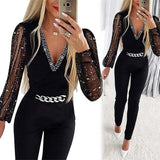 Cinessd Jumpsuits Women One Piece V Neck Full Sleeve Tight High Waist Overalls Casual Sheath Long Pencil Pants Rompers Slim Fit