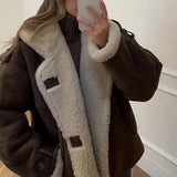 Cinessd Lamb Wool Lined And Suede Short Coat Women Turn-down Collar Single Breasted Loose Casual Chic Pocket Outwear Winter Fashion Tops