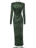 Cinessd Christmas outfit Woman Clothing Deep V-neck Printed Green Dress Womens Elegant Full Sleeve High Waist Bodycon Long Dresses Party Evening Vestidos