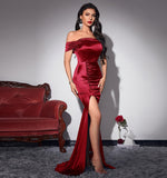 Cinessd - Off Shoulder Satin Formal Split Bodycon Dress