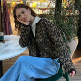 Cinessd Talenza Leopard Print Knit Cardigan Women's Loose O-Neck Long Sleeve Casual Color Block Sweater Fashion Button Cardigan Top Y2k