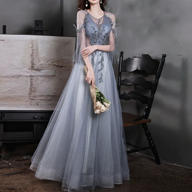 Cinessd -Elegant Tassel Feather Sleeve Evening Dress Female Blue Fairy Applique Prom Dress Ball Gown V-neck Banquet Formal Vestido