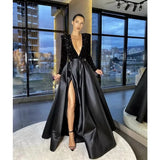 Cinessd 2024 Spring Summer New Women's Sexy One-Shoulder Long Sleeve Sequin V-neck Swing Sequined Split Dress Evening Dress