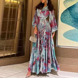 Cinessd Spring Women Casual Swing Boho Dresses Vintage Tie-dyed Printed Chiffon Dress Fashion V-neck Lantern Sleeve Holiday Long Dress