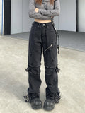 Cinessd Women's Black Gothic Y2k Jeans Vintage 90s Aesthetic Hip Hop Denim Trousers Harajuku High Waist Cowboy Pants 2000s Punk Clothes