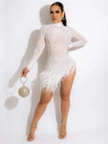 Cinessd Christmas outfit  Sexy Pearls Rhinestone Party Dresses Women Elegant Nightclub Feather Birthday Dress Long Sleeve Mesh Sheer Bodycon Dress