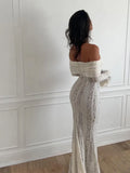 Cinessd White Off Shoulder See-through Lace Up Maxi Dress Women Flared Long Sleeves Chest Wrapped Dresses Summer Elegant Seaside Gowns