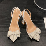 Cinessd Liyke Fashion Design White Pearl Bowknot Women Pumps Sexy Pointed Toe High Heels Wedding Prom Shoe PVC Transparent Sandal Female