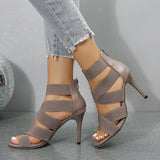 Cinessd Khaki Beige Thin High Heels Sandals Women Summer Sexy Elastic Band Crossing Dress Party Wedding Shoe Back Zip Gladiator Sandal