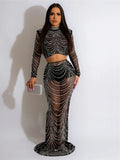 Cinessd Christmas outfit  Sexy Black Rhinestone Dress Set Womens Long Sleeve Crystal Clubwear Skinny Maxi Dresses Elegant Rhinestone Birthday Dress