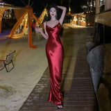 Cinessd Christmas party dresses Black Friday Sexy Spaghetti Strap Backless Summer Dress for Women Satin Lace Up Trumpet Floor-Length Long Dress Elegant Bodycon Party Dresses