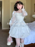 Japanese Sweet Fairy Lolita Dress Women White Mesh Elegant Princess Dress Female Bow Casual Evening Party Dress Summer 2023 Slim