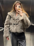 Cinessd Faux Fur Furry Coat For Women Turn-down Collar Button Up Loose Fashion Long Sleeve Jacket Female 2024 Autumn Chic Outwear Tops