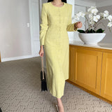 Cinessd Elegant Chic Autumn Winter Yellow Tweed Long Dress High Quality Women Round Collar Fours Pockets Woolen Slim Office Maxi Vestido