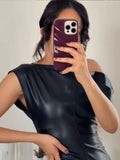 Cinessd  Christmas Gift Outfit Elegant Solid Off Shoulder Sleeveless Leather Dress Fashion Sloping Collar Backless Long Dresses New Female Evening Party Robes