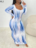 Cinessd Christmas Outfit  Sexy Tie Dye Printing Bodycon Long Dresses 2024 Women Round Neck Long Sleeve Slim Vestidos Elegant Office Lady Trend Clothes