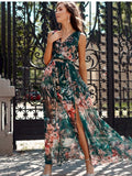 Cinessd - Chiffon Floral Print V-neck Sleeveless Beach Party Dress