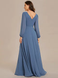 Cinessd Elegant Evening Dresses Waisted V-neck long sleeve Sequins Floor-Length 2024 Ever pretty of Chiffon Dusty Navy Bridesmaid dress