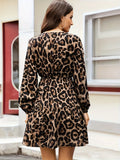 Cinessd Autumn Winter Women Elegant Leopard Dress Vintage Vacation V Neck Dresses Casual Long Sleeve Slim Dress