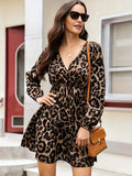 Cinessd Autumn Winter Women Elegant Leopard Dress Vintage Vacation V Neck Dresses Casual Long Sleeve Slim Dress