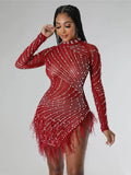 Cinessd Christmas outfit  Sexy Pearls Rhinestone Party Dresses Women Elegant Nightclub Feather Birthday Dress Long Sleeve Mesh Sheer Bodycon Dress