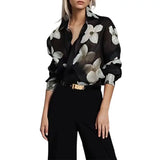 Cinessd Women Fashion Elegant Floral Printed Lapel Blouses 2024 New Spring Summer Long Sleeves Loose Casual Office Shirts Tops