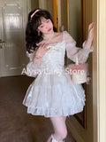 Japanese Sweet Fairy Lolita Dress Women White Mesh Elegant Princess Dress Female Bow Casual Evening Party Dress Summer 2023 Slim