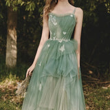 Cinessd -3D Butterfly Prom Dresses Green Tulle Skirt Spaghetti Straps Sweetheart Long Evening Gown 2023 Slim Waist Vestidos De Noche