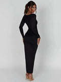 Cinessd Long Sleeve Ruched High Split Maxi Dress Women Square Collar Drawstring Bodycon Sexy Party Long Dress Elegant Autumn