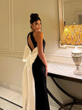 Cinessd Elegant Backless White 3d Bow Bodycon Long Dress Women Fashion Round Neck Sleeveless Robes 2024 New Party Evening Dresses