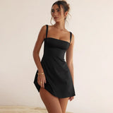 Cinessd Summer Lovely Spaghetti Strap A Line Dress Elegant Satin Black Holiday Party Dresses High Strecth Women Dresses 2023