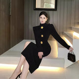 Cinessd Korejpaa Elegant Women Dress Korean Fashion Half High Collar Bow Buttons Bodycon Dresses Outwear Solid Split Vestidos Femme