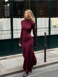 Cinessd Christmas outfit 2024 Solid Elegant Women's Mock Neck Bodycon Dress Fashion Long Sleeves Pleated Hem Maxi Robe Female Autumn Chic Party Dresses