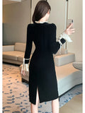 Cinessd Elegant Party Lace Patchwork Velvet Midi Dresses for Women Casual Fashion Black Long Sleeve Luxurious Evening Female Clothing