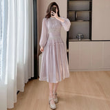 Cinessd French Designer Fashion Women Organza Stand Collar Party Dress Luxury Spring Diamonds Tassel Ruffles Puff Sleeve Slim Midi Dress