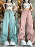 Cinessd Women Green Cargo Pants Vintage Y2k Harajuku Aesthetic Streetwear Lace-up Parachute Pants High Waist Wide Trousers 2000s Clothes