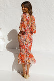 Cinessd - Women Sexy V Neck Floral Printed Ruffle Maxi Dresses