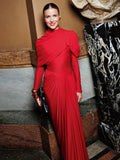 Cinessd Christmas Outfit Elegant Women Shirring Irregular Red Maxi Dress Evening Party Formal Occasion Dresses Ladies Folds Tunics Slim Long Wedding Robe